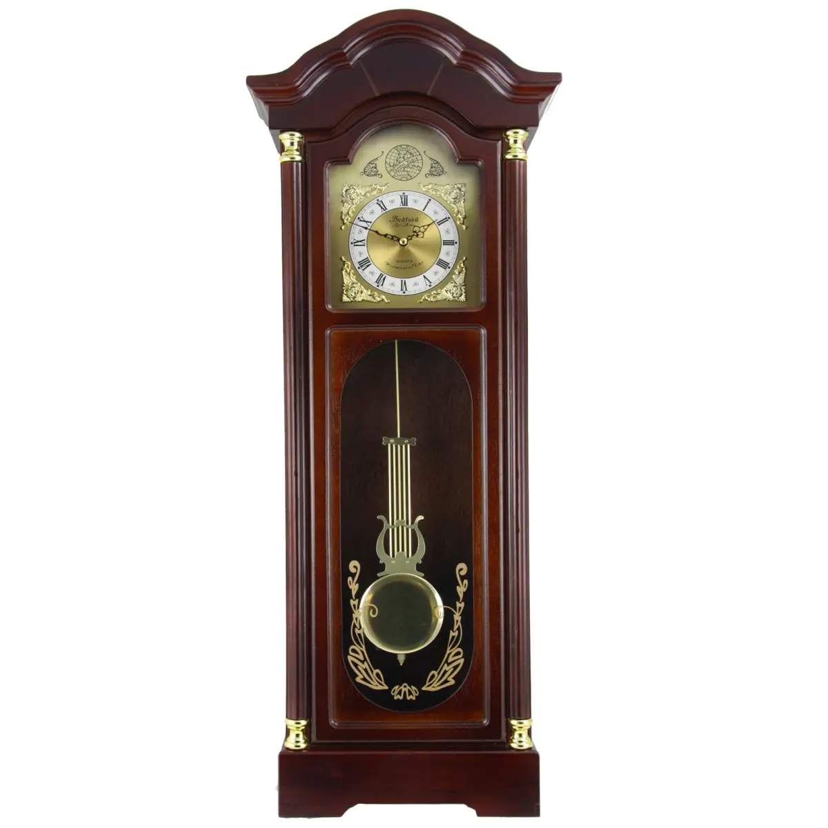 212 MAIN Bedford BED-1615 33 in. Antique Cherry Chiming Wall Clock with Roman Numerals, Oak Wood Finish, Home Decor Piece, Gift-Ready, Sleep Mode Equipped
