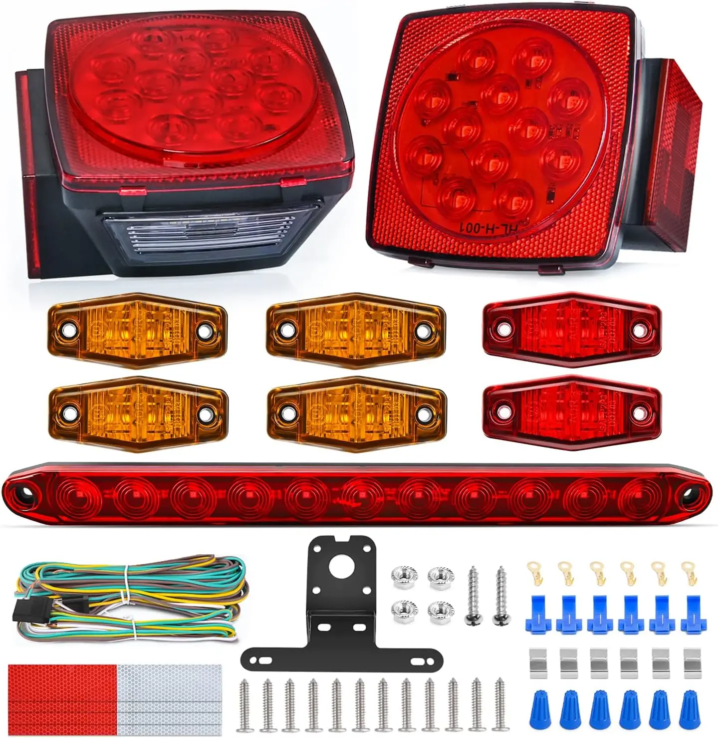 Nilight 12V Automotive LED Trailer Light Kit - Square Stop-Turn-Signal Lights, Red-Amber Side Markers, Third Brake ID Bar, for Utility Trailers, Car Accessories