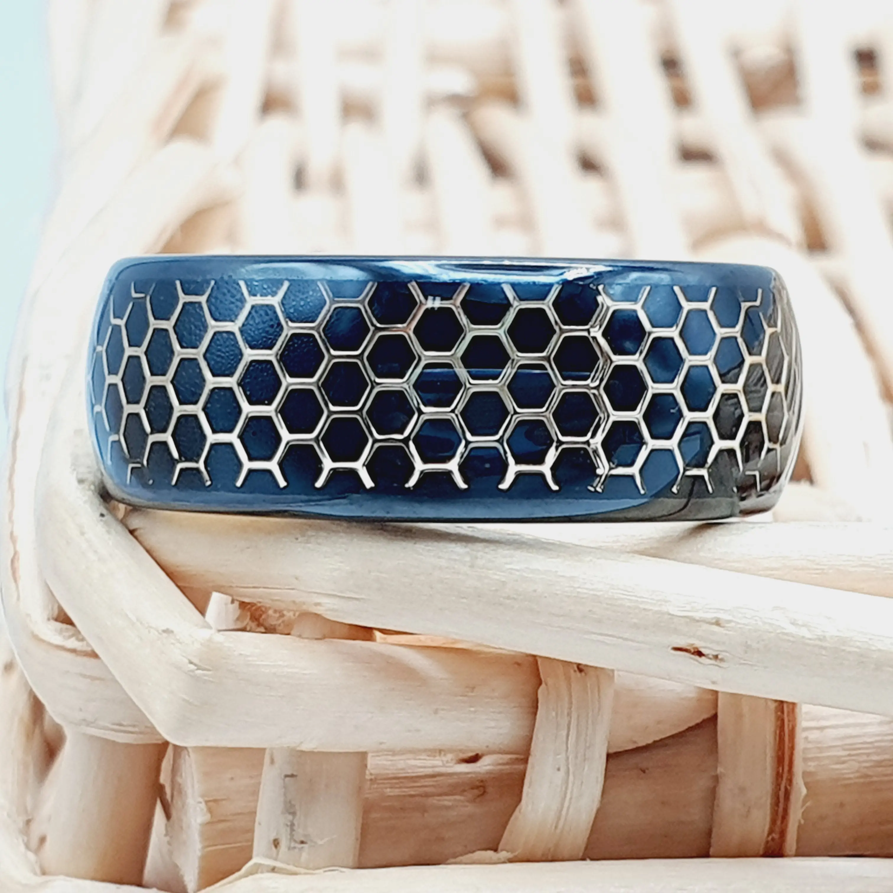 Yellow Gold Honeycomb Ring - Men's Wedding Tungsten Band - Women's Engagement Ring - Couple Ring