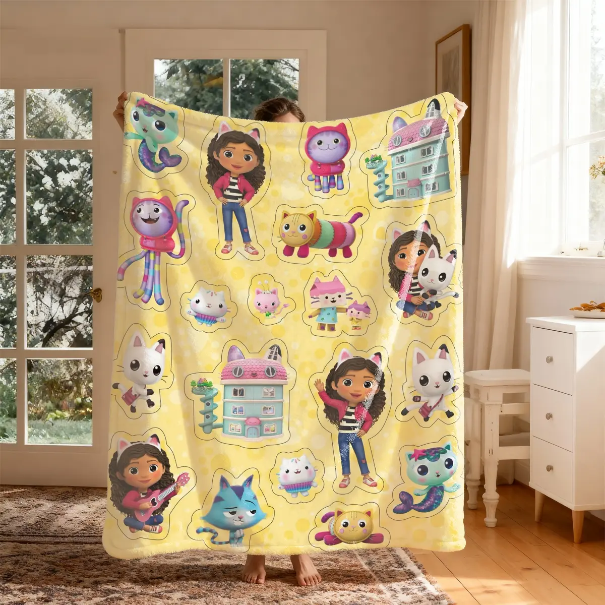 Gabi Dollhouse Cartoon Theme Flannel Cozy Throw Blanket, Happy Blanket Gifts, Cozy Blankets, Large Size, Soft Lightweight Warm, Perfect for Bed Sofa Office Camping Travel Christmas Gift
