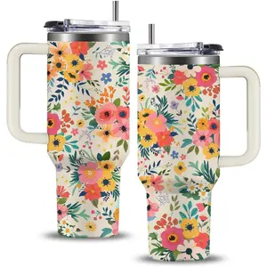 Floral Boho Tumbler 40oz With Handle, Flowers Gifts, Flower Coffee Cup Gifts for Women Girls, Abstract Retro Mid Century Flower Gift for Her on Christmas Birthday Mothers Day, Mother's Day Gift, Kitchen Drinkware