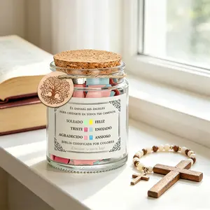 1 Set Spanish Emotional Bible Verse Jar with Color Coded Scripture Cards, Inspirational God’s Word Notes in Spanish for Different Moods, Christian Religious Gift, Tree of Life Wooden Charm, Cork Lid Glass Prayer Jar