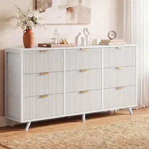 57" Fluted Fabric Dresser with 9 Drawers – Large Storage Cabinet for Living Room, Entryway, Modern Chest with Wood Top & Metal Frame