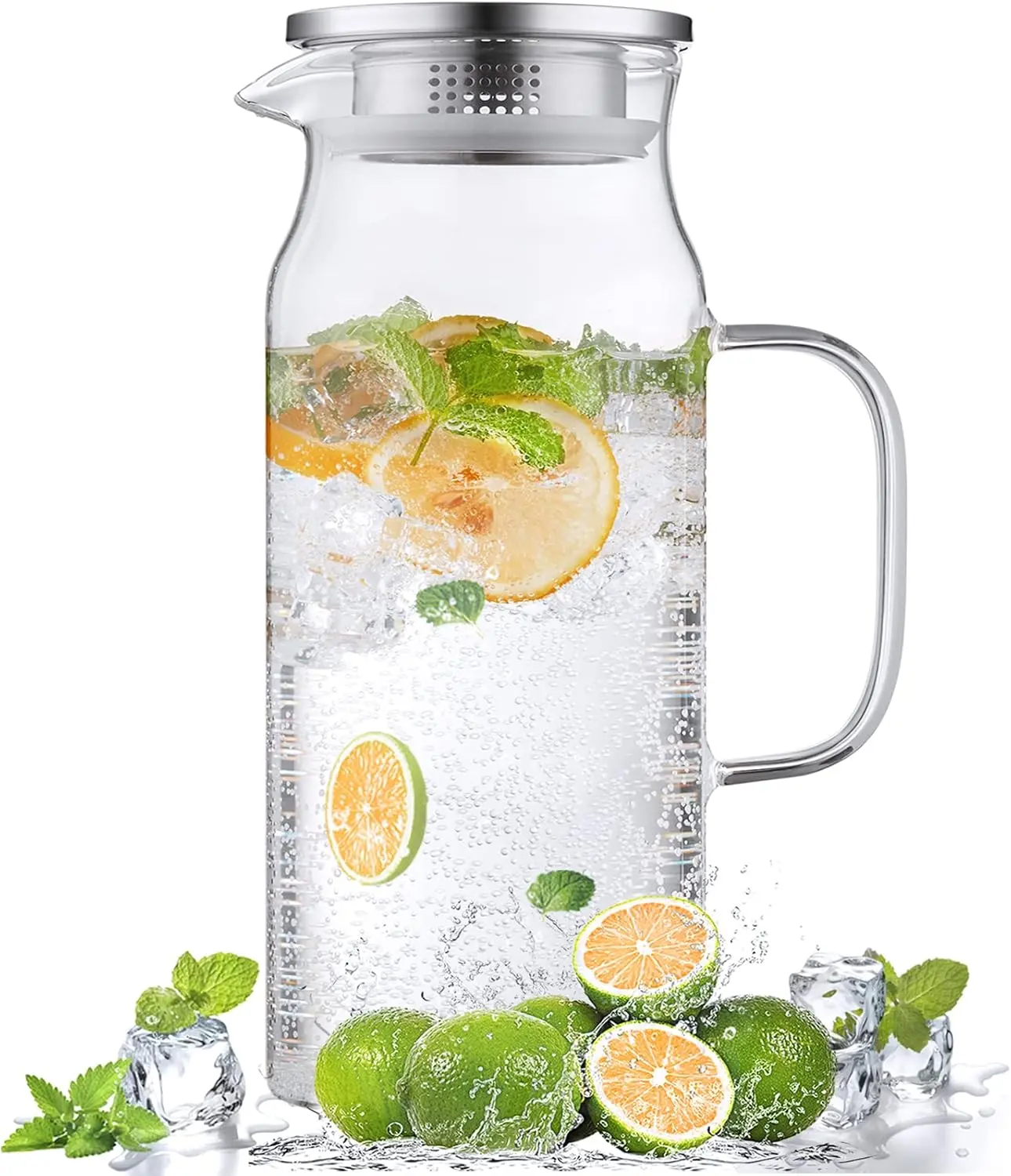 2 L Heat-Resistant Glass Pitcher with Silicone Lid, Spout and Strainer - Large Fridge Jug for Pouring Iced Tea, Coffee - Kitchen Drinkware