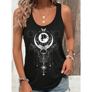 With Moon Butterfly Gothic Pattern Print, Printed Casual Camisole Women'S Casual Letter Slim Fit Round Neck Vest, Suitable for Summer Wear