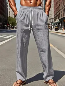 Men's Beach Linen Long Pants, Loose Waist Design, Summer Street Fashion Essential, Casual Straight-Leg Trousers, Comfortable and Stylish