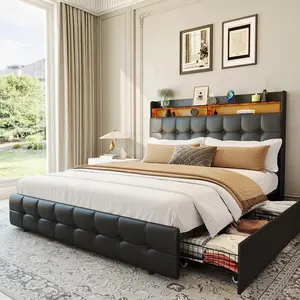 Garvee - Full Upholstered Queen Size Bed Frame with 2 Storage Drawers, LED Light, Double Layer Night Headboard with Charging Outlet and USB Port, Leather