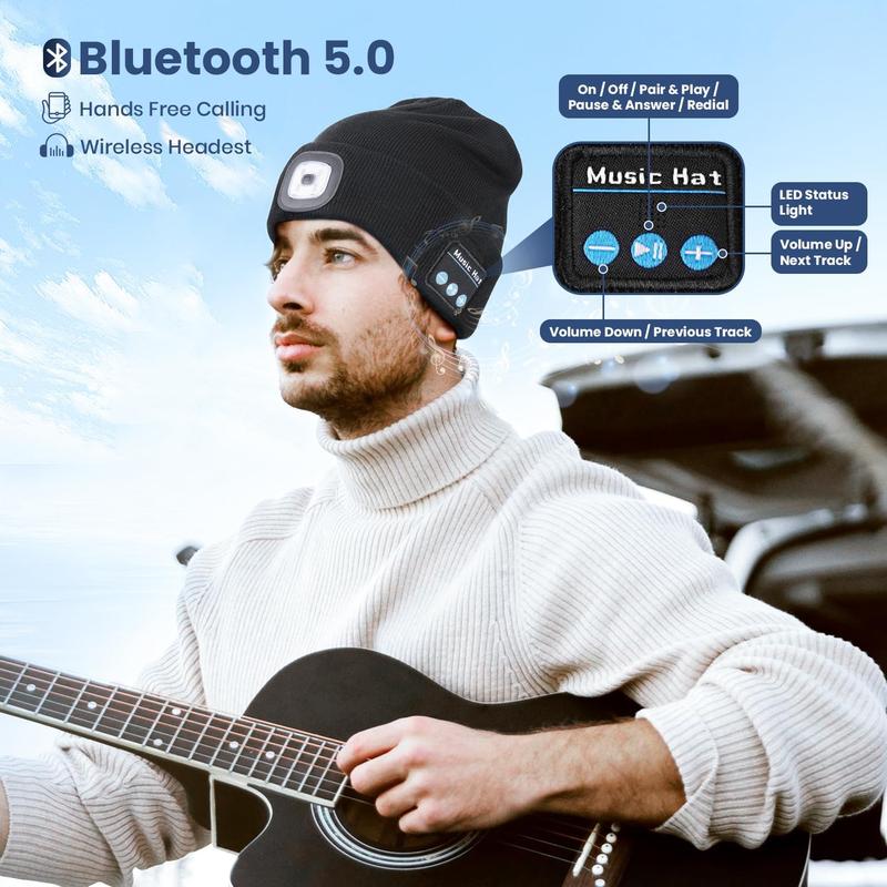 Bluetooth Beanie with LED Light - USB Rechargeable Headlamp Hat, Built-in Speaker & Mic for Music, Calls & Outdoor Fun! Perfect Valentine's Day Gift Lightweight Running Athletic Hat baseball sport accessory