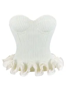 Cream White Pinstripe Strapless Corset Top, Sweetheart Neck Ruffle Hem Ruffled Boned Bustier, Balletcore Old Money Outfit for Date Tea Time
