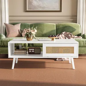 Garvee Rectangular Coffee Table With Storage, Boho Rattan Sliding Door Center Table With Open Shelf, 39.4" x 19.7" x 15.8" for Living Room, Apartment, Small Space