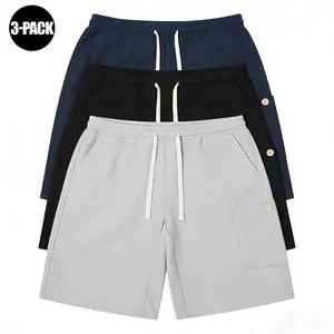 Men’s 3-pack regular-fit organic cotton shorts with drawstring, straight leg, loose knee length/five-point length, comfortable breathable quick-dry design, fashionable pocketed basic streetwear for casual everyday summer wear