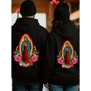 Matching Couple Sweatshirt Hoodie, Virgin Mary & Jesus Christ Print Unisex Couple Pullover Hoodie, Warm Cotton Blend, Autumn And Winter Casual Street Wear Essential Hooded Sweatshirt, Perfect Gift for Him/Her - Valentine's Day Couples Outfits -
