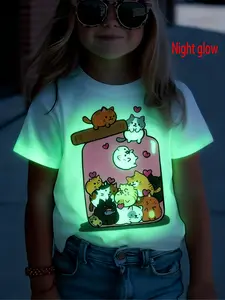 Creative girls' T-shirt featuring cute cartoon designs and text, with patterns that glow in the dark, Cute cartoon clothes