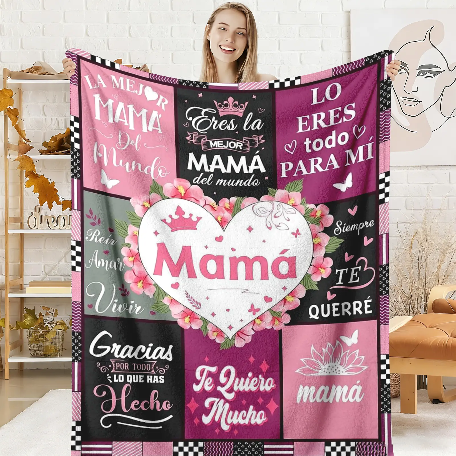 La Mejor Mama Del Mundo Graphic Fluffy Heat Flannel Throw Blanket, Soft Cozy Pink Floral Love Quotes Design, Spanish Mother’s Day Regalo Para Mama Birthday Gift, Couch Bedroom Decor, Fluffy Throws, Heat Blanket Throws
