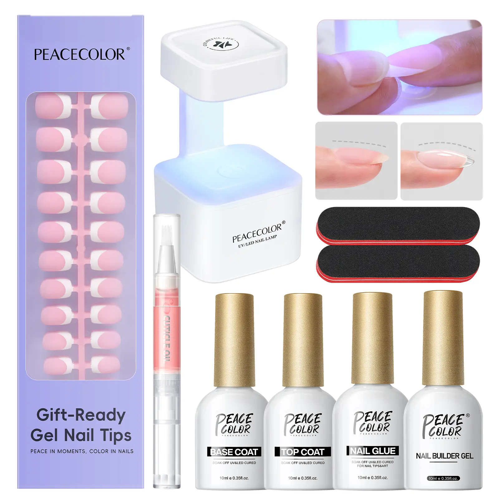 PEACECOLOR 150PCS French Nail Tips Kit  With Mini UV Nail Lamp Press on Nails Short Squoval Full Cover Base Coat Top Coat Nail Glue Builder Pink French Tips Gel DIY Manicure Gift For Women Press On Kit