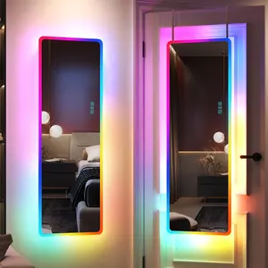 LED RGB Full-Length Mirror with Lights, Wall-Mounted Mirror with Lights, Door-Mounted Mirror with 14 LED Lights + Adjustable Brightness + Adjustable Speed