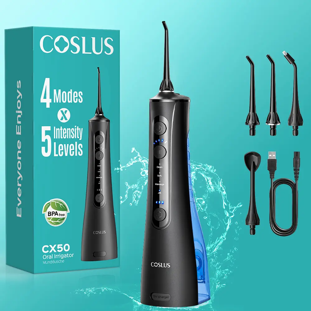 COSLUS CX50 Rechargeable Oral Teeth Cleaning Machine Water Flosser with Turbo Dual-Flow, 20 Pressure Settings, 4 Nozzles for Gum Health Improvement, Portable for Braces, Travel