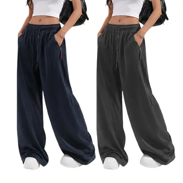 Women's High-Waist Polyester Wide-Leg Sweatpants - Drawstring Tie, Floor-Length, Zipper Pockets, All Season Comfy Athletic Look Lounge Bottoms