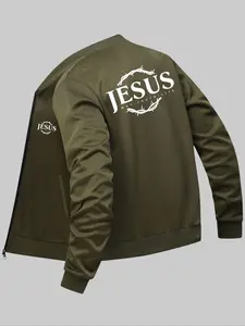 Men's Jesus Print Zip Up Jacket, Casual Fitted Jacket, Regular Fit Casual Long Sleeve Pocket Zipper Outerwear for Daily Wear, Men's Clothes for All Seasons