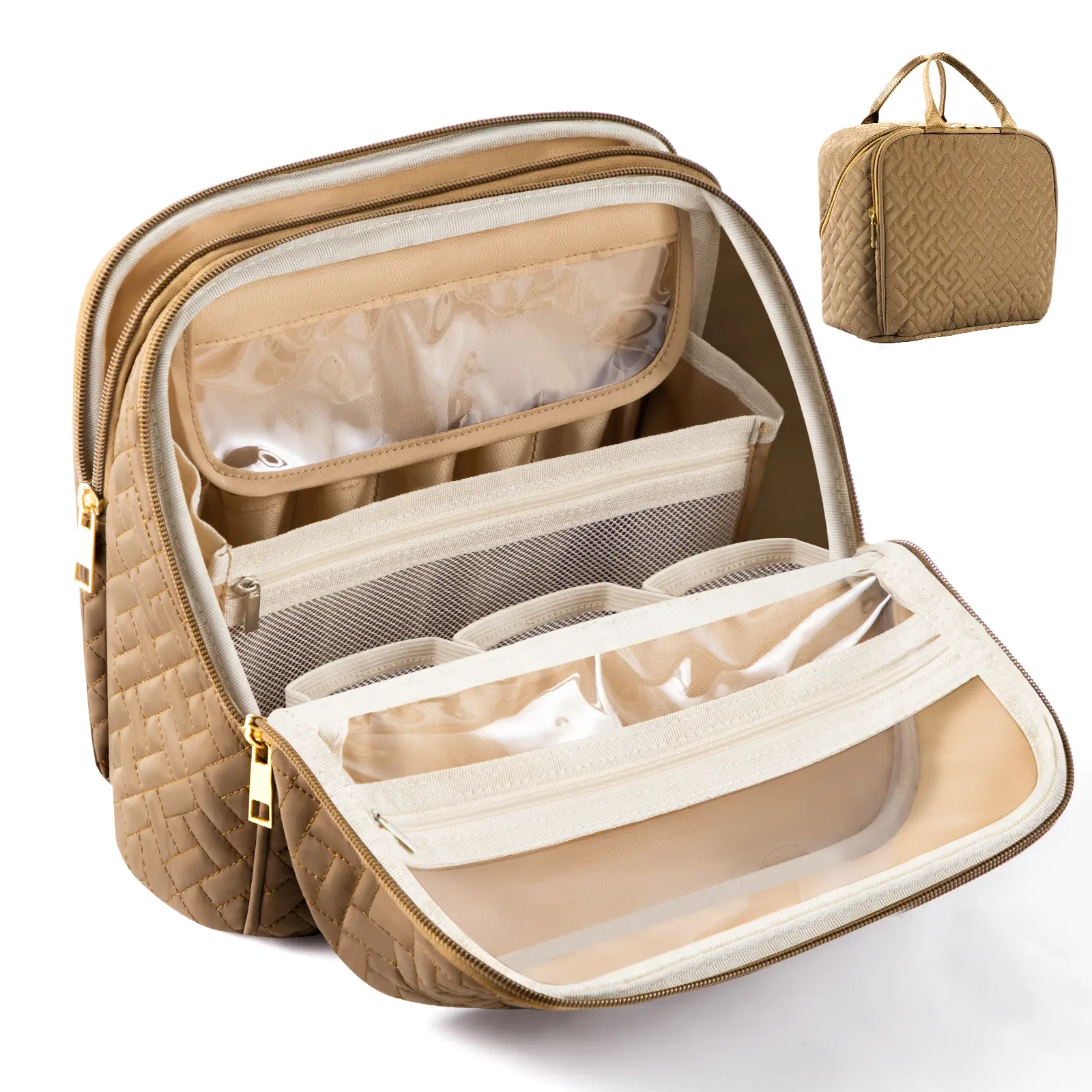 Makeup Bag, Large Capacity Travel Makeup Organizer, Portable Standing Make Up Case, Waterproof Cosmetic Toiletry Bags with Handle, Color Brown