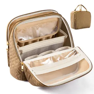 Makeup Bag, Large Capacity Travel Makeup Organizer, Portable Standing Make Up Case, Waterproof Cosmetic Toiletry Bags with Handle, Color Brown