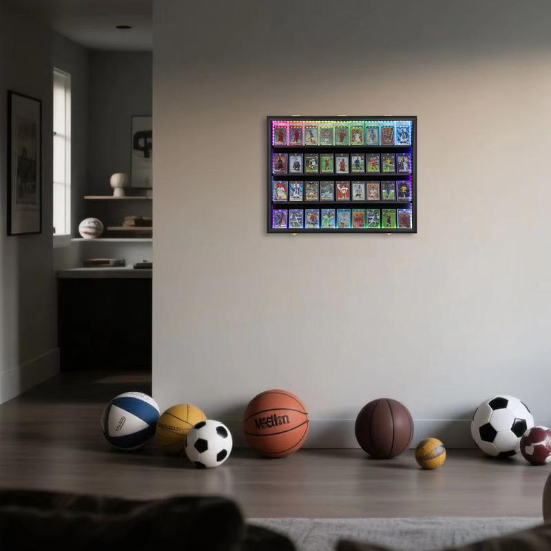 IHEIPYE LED Baseball Card Display Case 36 Graded Sports Card Frame with UV Protection Clear View Lockable Wall Cabinet for Football Basketball Trading Cards Horizontal Wood
