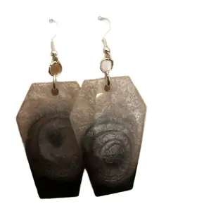 Coffin Epoxy Resin Earrings Black and White Swirl on Silver Ear Hooks Unique Design Fashion Jewelry