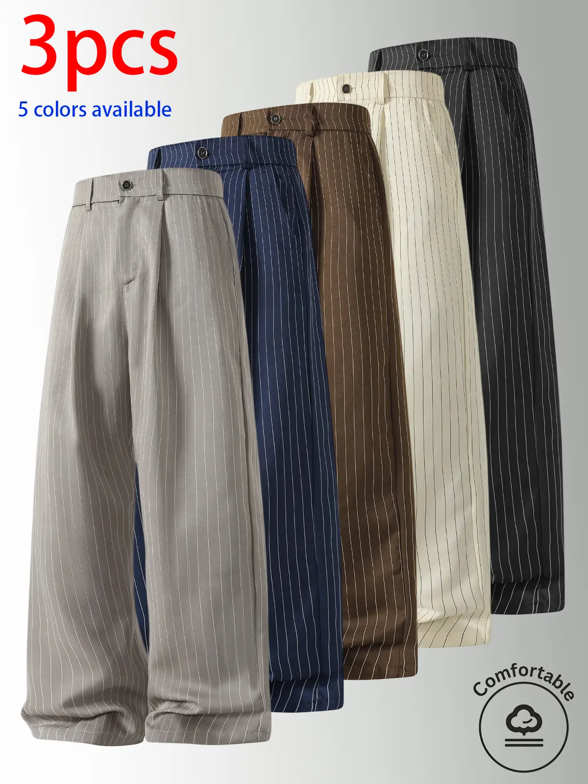 3-pack men’s long pants: men’s suit trousers, men’s casual dress pants. Button closure at the front, vertical stripes that evoke a retro vibe, smooth drape and wrinkle resistance, straight-leg design that’s versatile and easy to match, with a relaxed fit