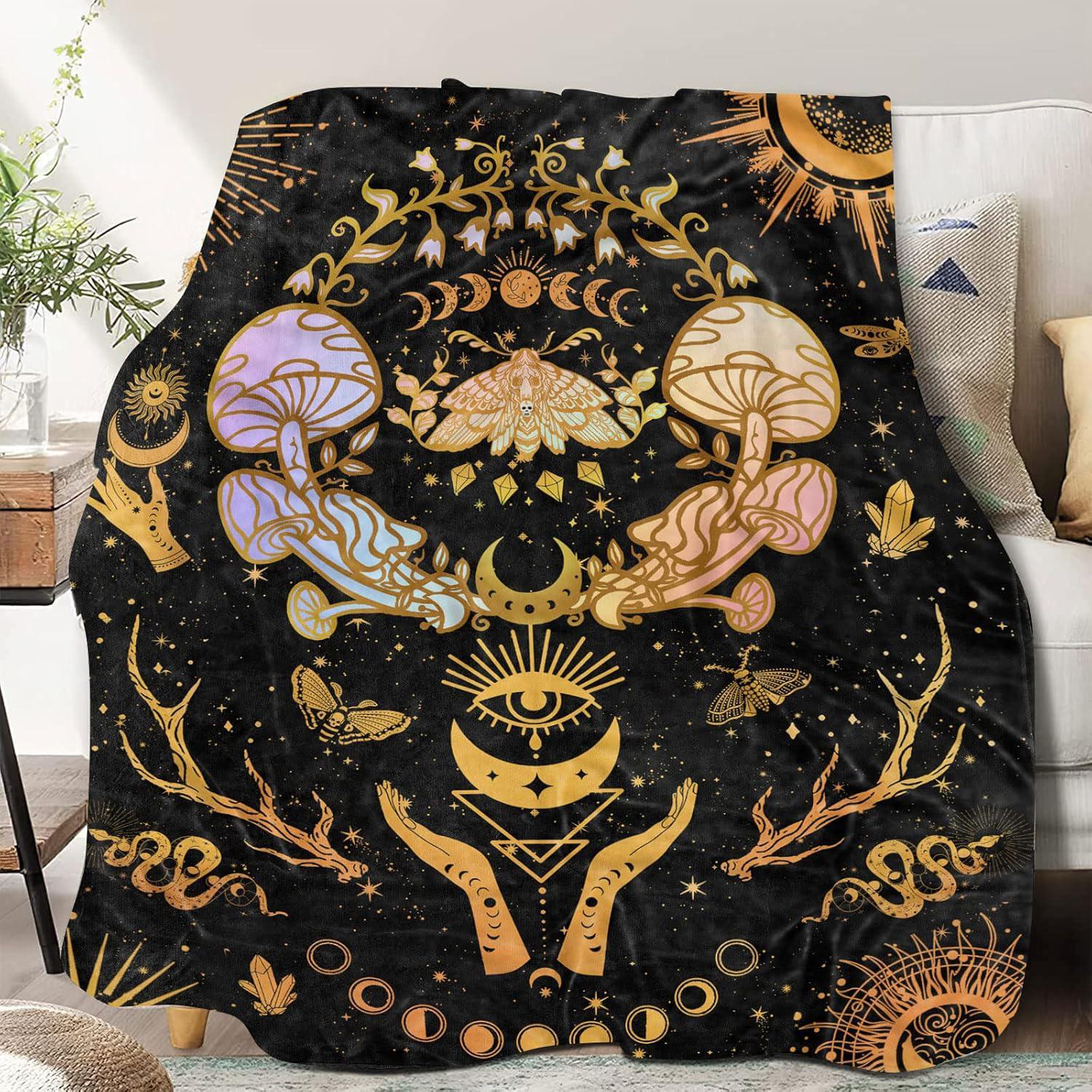 Enchanted Mushroom Premium Weight Blanket, Witchy Moon & Zodiac Fleece Throw, Gothic Hippie Decor for Women, Mystical Sun & Moon Gifts for Halloween, 280gsm