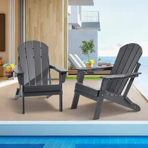 VEVOR Adirondack Chair Plastic, Set of 2 All-Weather Portable Folding Fire Pit Chair, Outdoor Adirondack Patio Chair with Cup Holder, with Relaxing Arm Rest Ergonomic, for Garden, Backyard - Gray