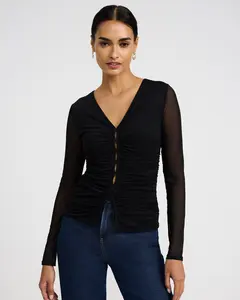 Express Mesh Ruched V-Neck Long Sleeve Top
