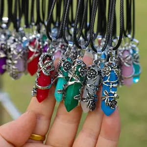 10pcs Natural Stone Hexagonal Column Pendant Necklace Sets -5 Pendants with 5 Black PU Leather Ropes, suitable for Casual Wear, perfect Holiday and Birthday Gifts