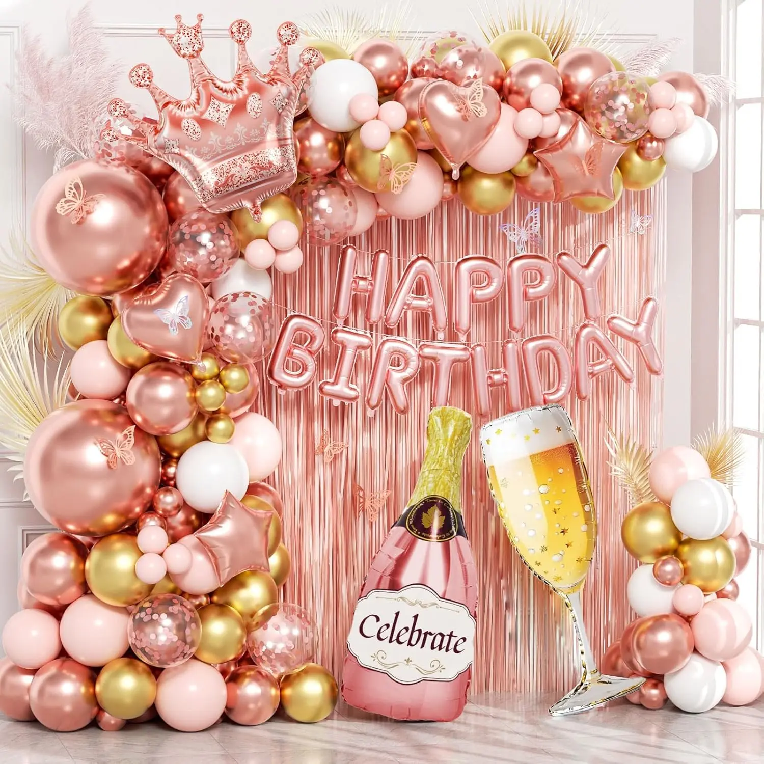 Rose Gold Birthday Party Kit for Women with Fringe Curtains, Butterflies & Balloon Arch Decor