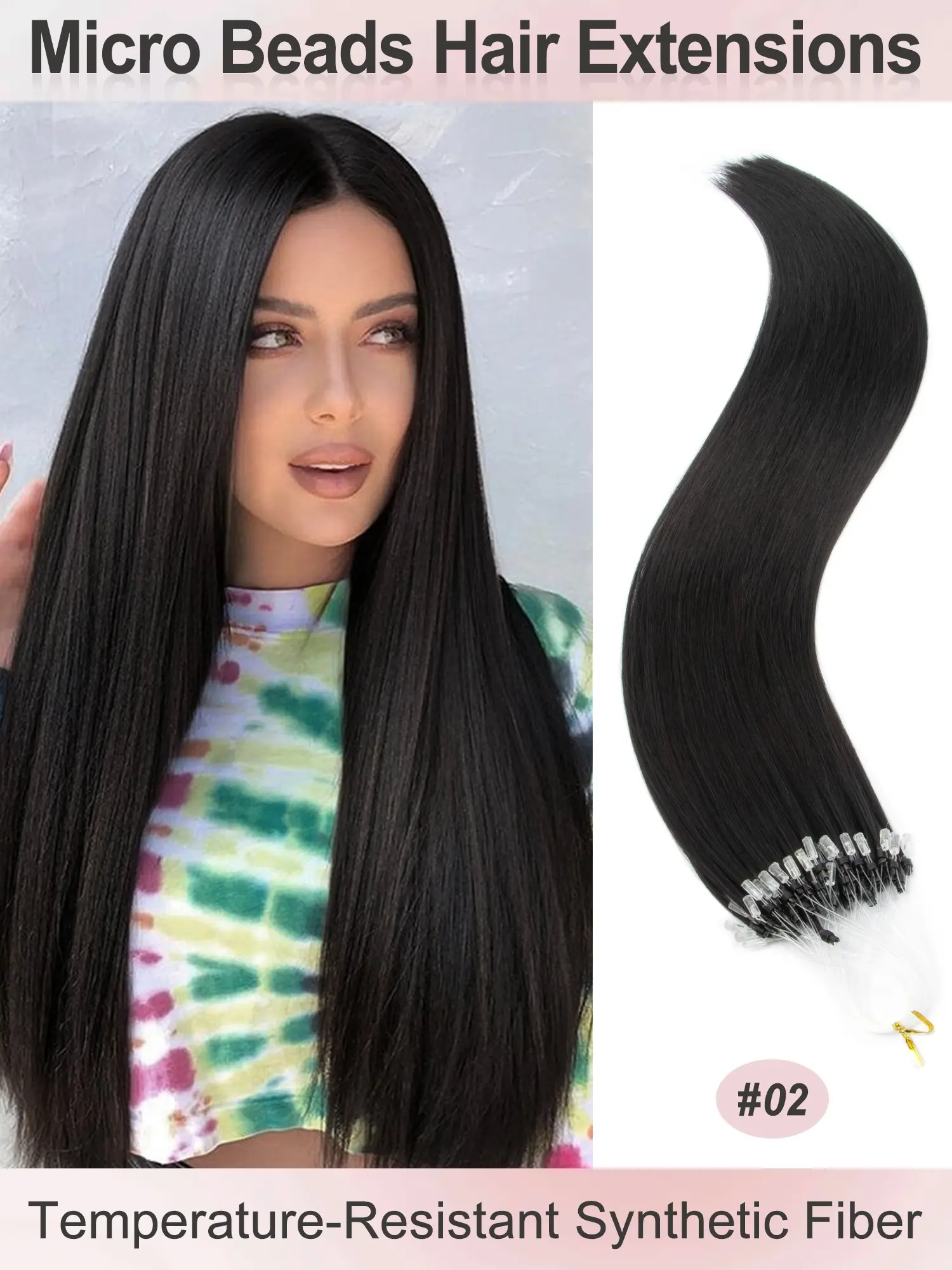 50 Strands Micro Beads Hair Extensions, 20inch Natural Straight Hair, 12 Colors, Add Volume & Length, Premium Synthetic Hair for Women, Microbead Extensions