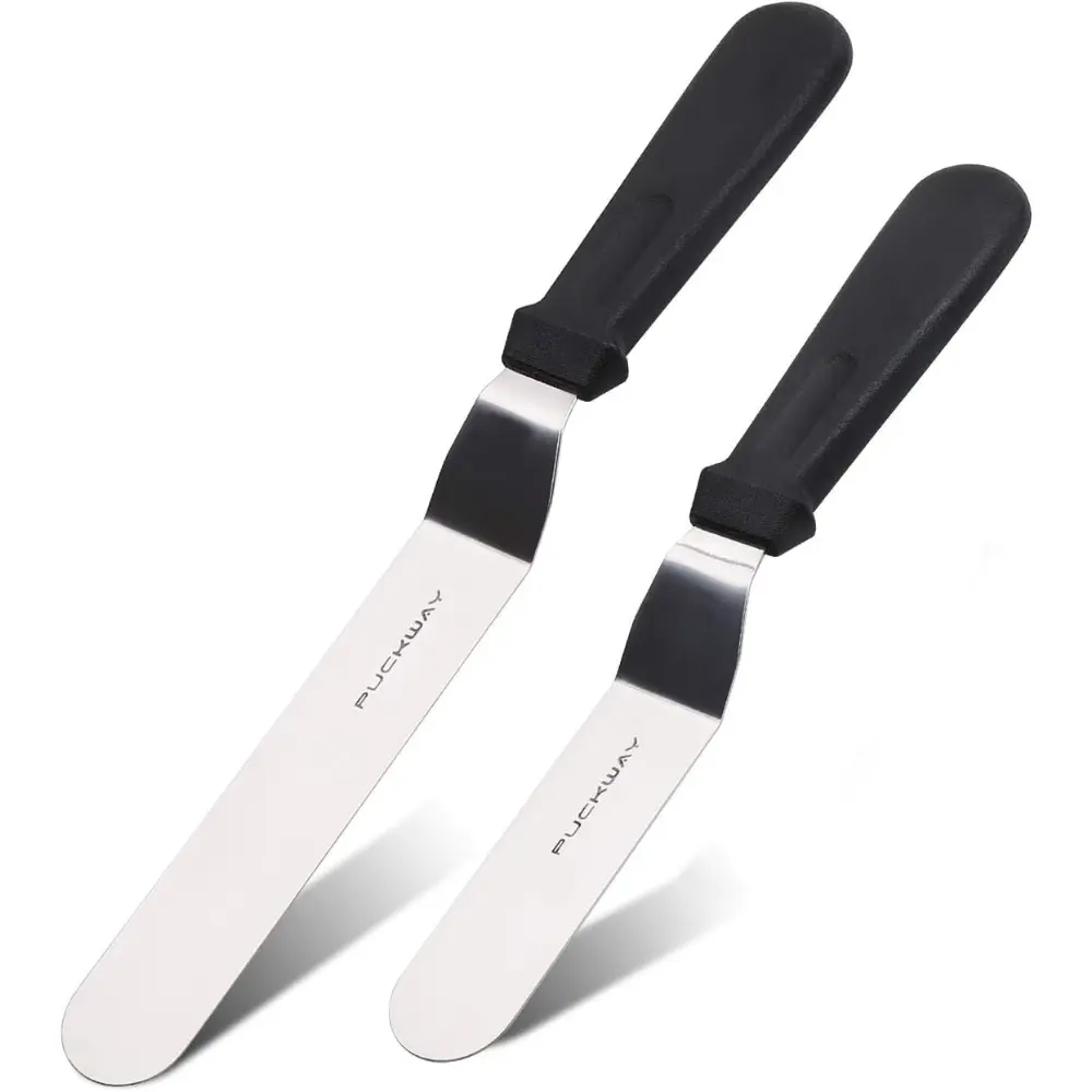 Angled Icing Spatula, Stainless Steel Offset Spatula, Cake Spatula Set of 2, Black, 6 in and 8 in Blade