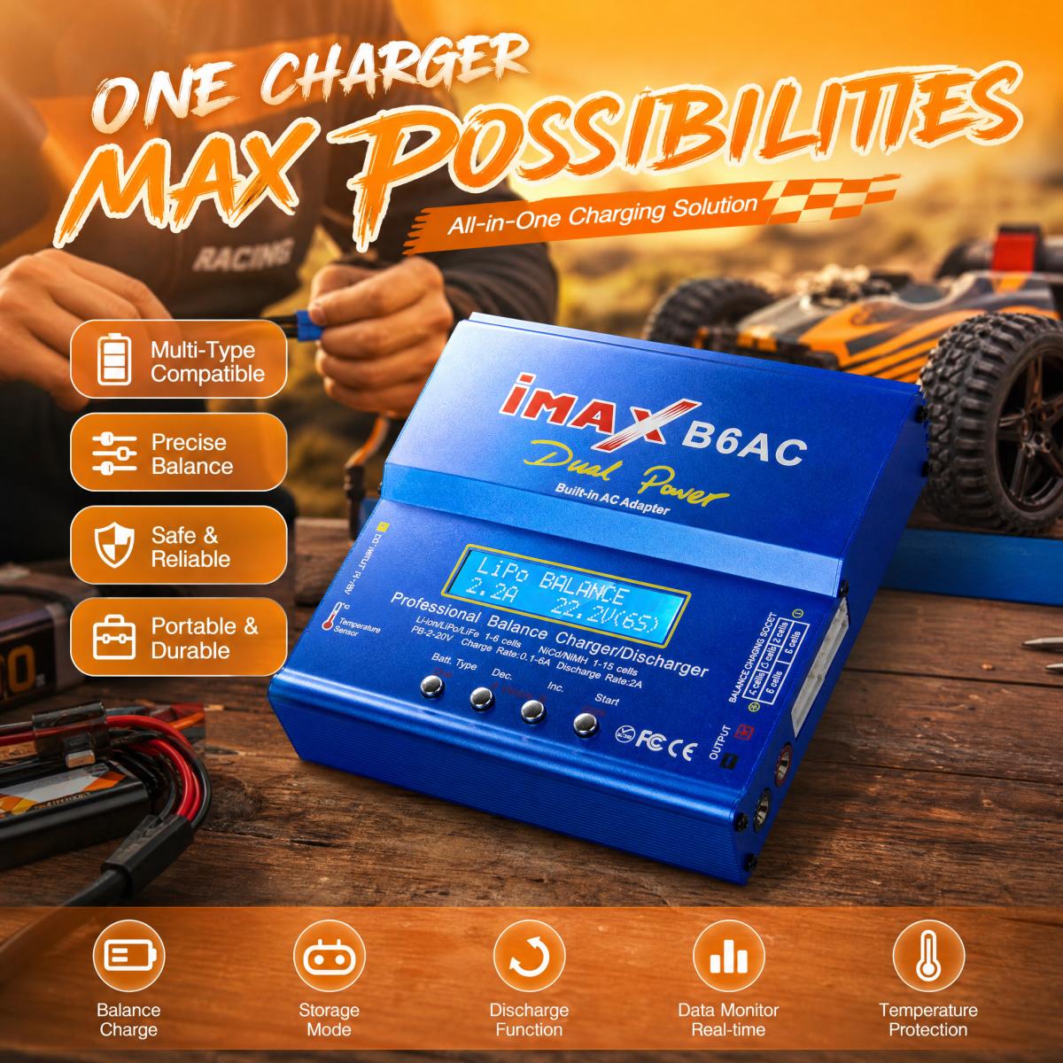 iMAX B6AC Smart RC Battery Charger, Dual Power Balance Manager, Multi Safety Protection Including Overheat Safe, Impact Resistant, Outdoor-Validated for All RC Model Lithium Batteries, Outdoor Test Sites