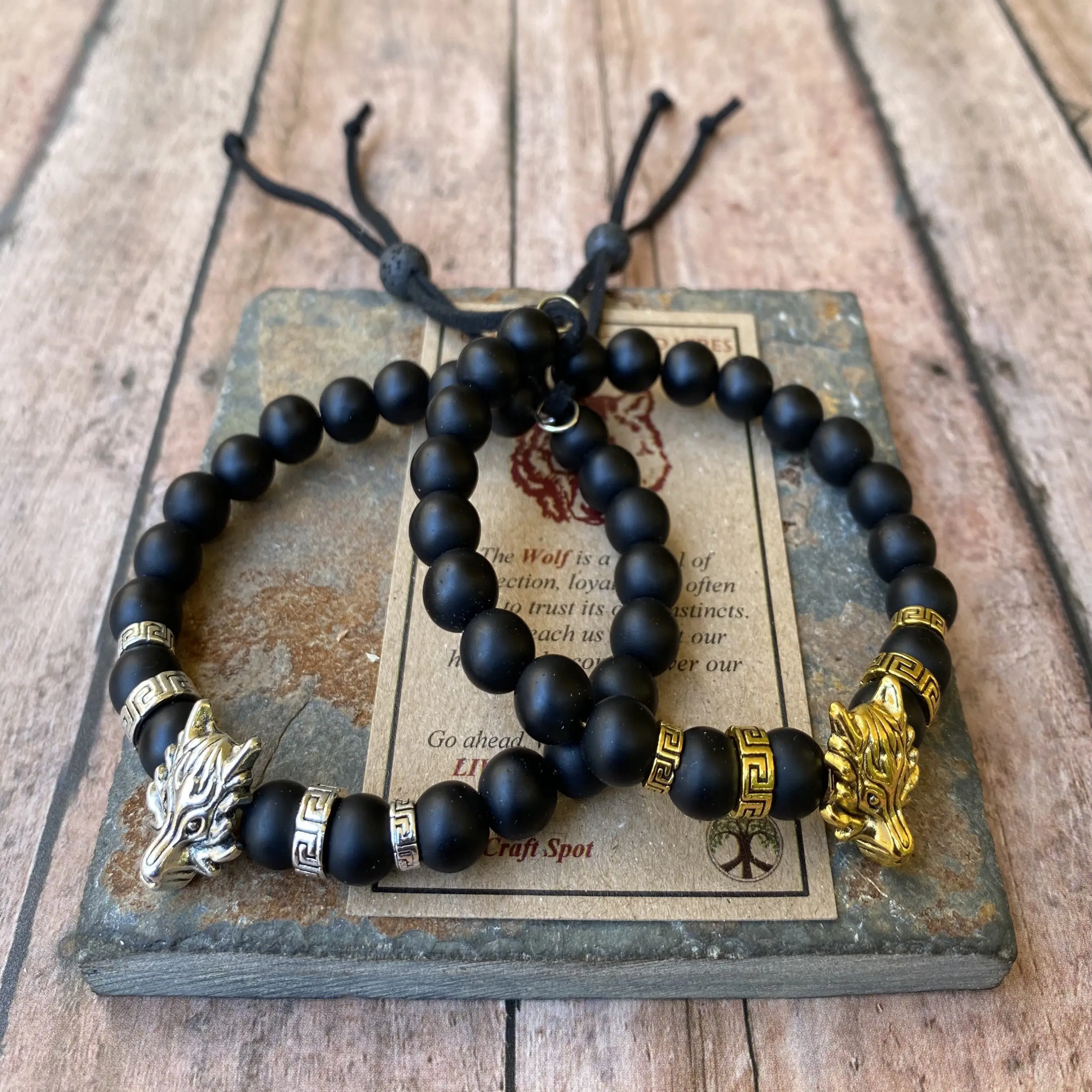 Black Onyx Wolf Bracelet, Adjustable Bracelet, Beaded Bracelet Men, Gift for Him, Boyfriend Gift, One Size Fits Most, Father's Day