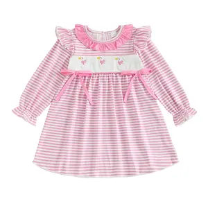 Little Girls Goose Embroidery Dress Long Sleeve Ruffle Collar A-line Striped Dress