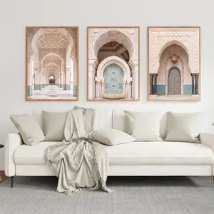 3 Piece Mosque Architecture Wood Frame Posters, Moroccan Door Photos, Neutral Arabic Wall Art, Religious Home Decor for Living Room Bedroom Office