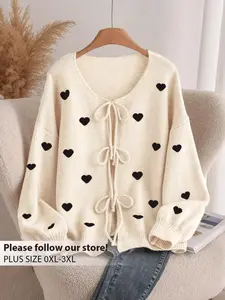 Plus Size Elegant Women's Heart Decorated Lantern Sleeve Tie Bow Knit Cardigan, Loose-Fitting Spring & Fall Fashion Sweater Coat Knitwear