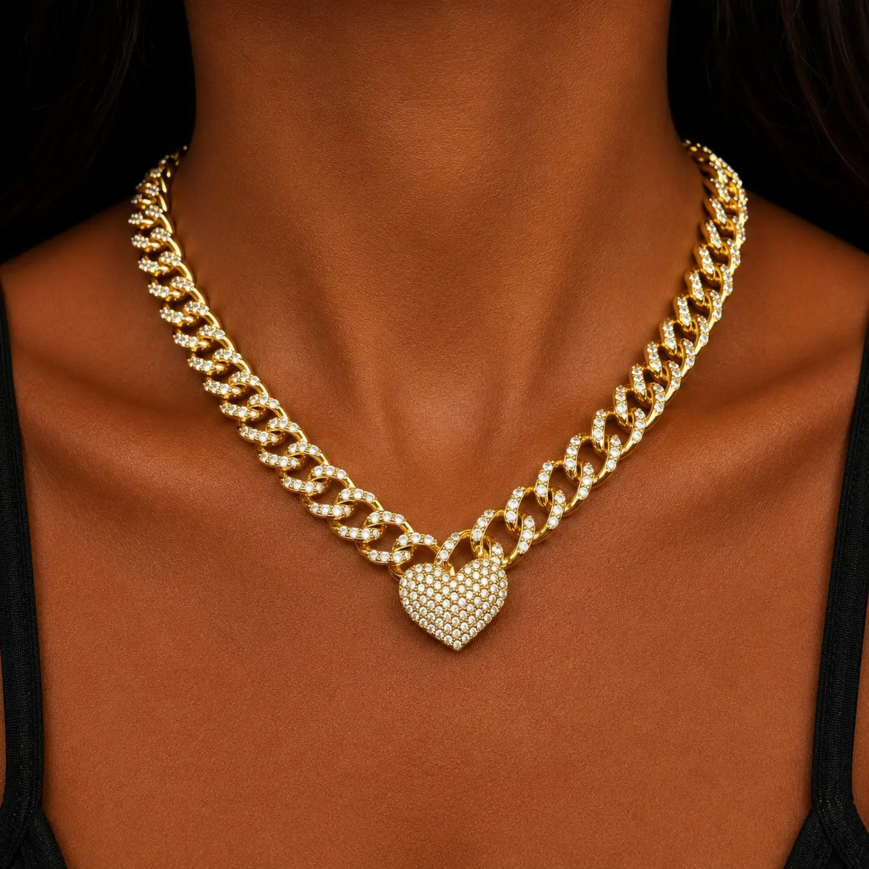 Women's Rhinestone Heart Choker Necklace - Iced Out Cuban Link Pendant, Glittering Cubic Zirconia Love Chain, Chunky Hip Hop Statement Collarbone Jewelry, Golden/Silvery Gold Aesthetic Daily Female Gift, Long Bling Effect Costume Accessory