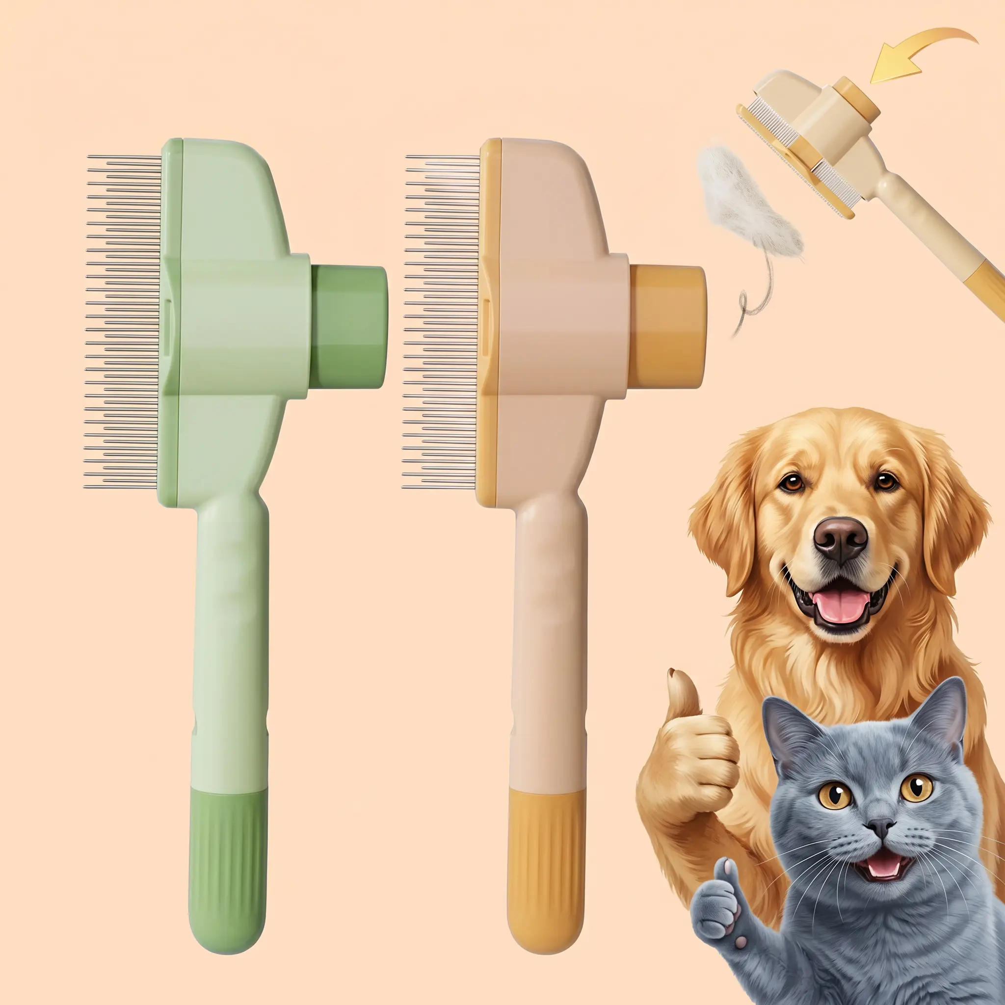 Long Short Stainless Steel Teeth Self-Cleaning Pet Comb - Flea Comb Grooming Tool for Dogs Cats Removes Shedding Hair Tangles All Coat Types