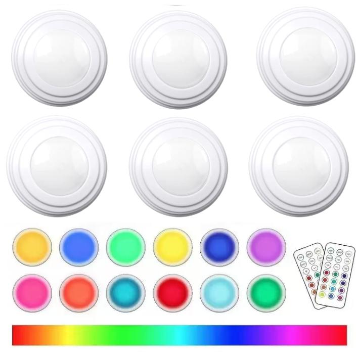 LED Puck Lights with Remote, 6 Pack Color Changing RGBW Stick-On Light, Battery Powered, Dimmable Under Cabinet Lighting with Timer & Memory, Wireless Push Lights for Kitchen & Closet