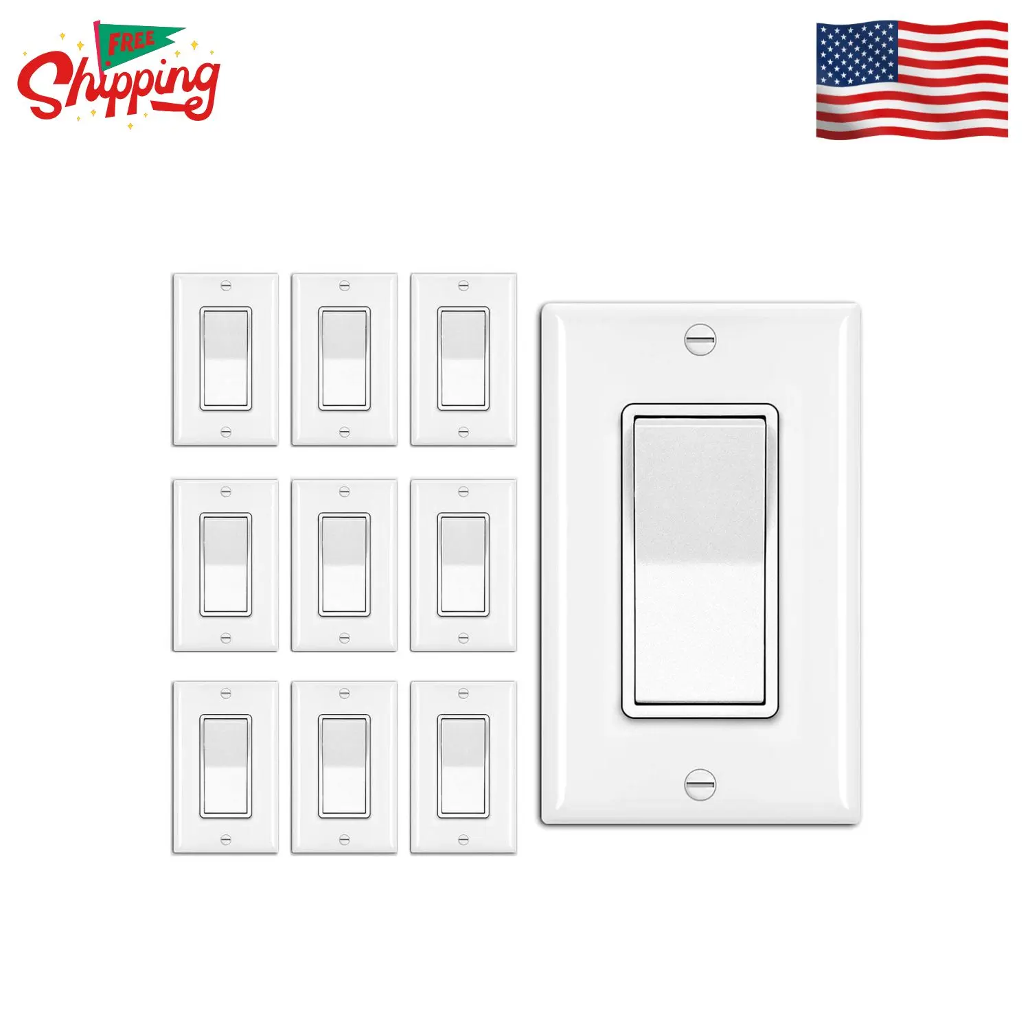 10 Pack 3-Way Decorator Wall Light Switch with Wallplate