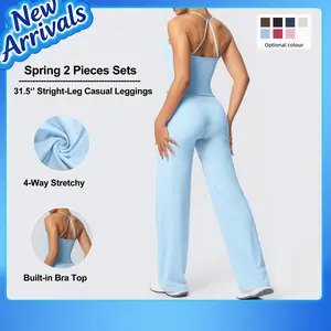 Jetjoy Cami Tank Top 31.5‘’ Inseam  Workout Leggings for Women 2 Piece Set, Loose Fit Straight Leggings & Basic Tank Top with Adjustable Straps, Ideal for Gym Yoga & Casual Wear, Soft Stretch Fabric, 30" Inseam Leggings