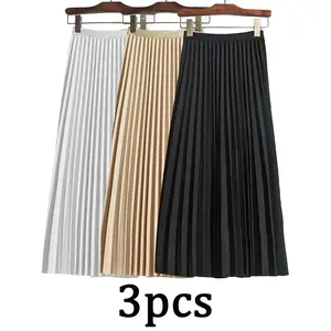 3pcs Solid Pleated Hem Skirt, Casual Midi Skirt For Spring & Summer, Women's Clothing