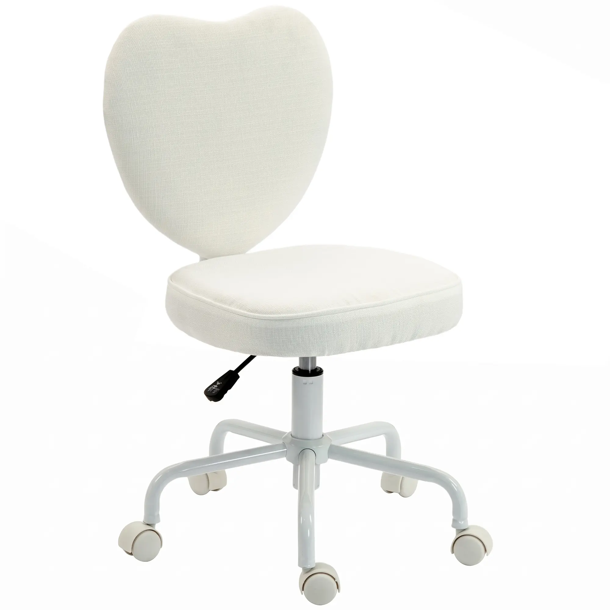 HOMCOM Armless Home Office Desk Chair, Modern Fabric Makeup Vanity Chair with Heart Shape, Swivel Wheels, Height Adjustable, White