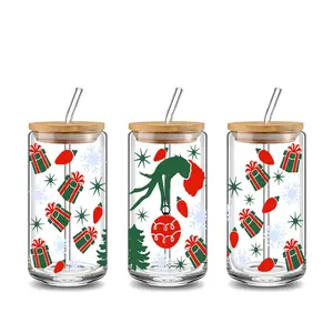Grinch Christmas Ornament & Snowflake Design 16oz Glass Can Cup with Lid and Straw, Reusable Glass Drinking Cup, High-Quality Glass Jar for Iced Coffee, Hot Chocolate, Juice, Cold Drinks, Festive Fashionable Glassware, Perfect Gift for Christmas Lovers, G