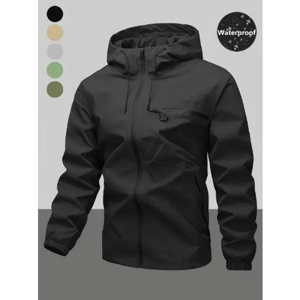 Men’s waterproof windproof hooded jacket with drawstring, featuring zippered pockets; a casual long-sleeve outdoor coat suitable for all seasons.
