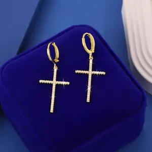 Gold Silver Cross Earrings for Women, Dainty CZ Cross Drop Earrings, Religious Faith Jewelry